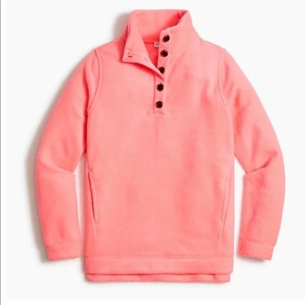 J. Crew (M) Bright Coral Pink Fleece Popover Button Collar Winter Quarter Zip